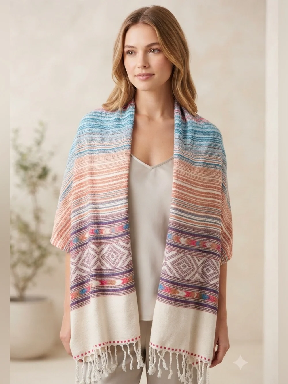 Colorful Striped Indian Shawl/Scarf /Wrap with Fringe